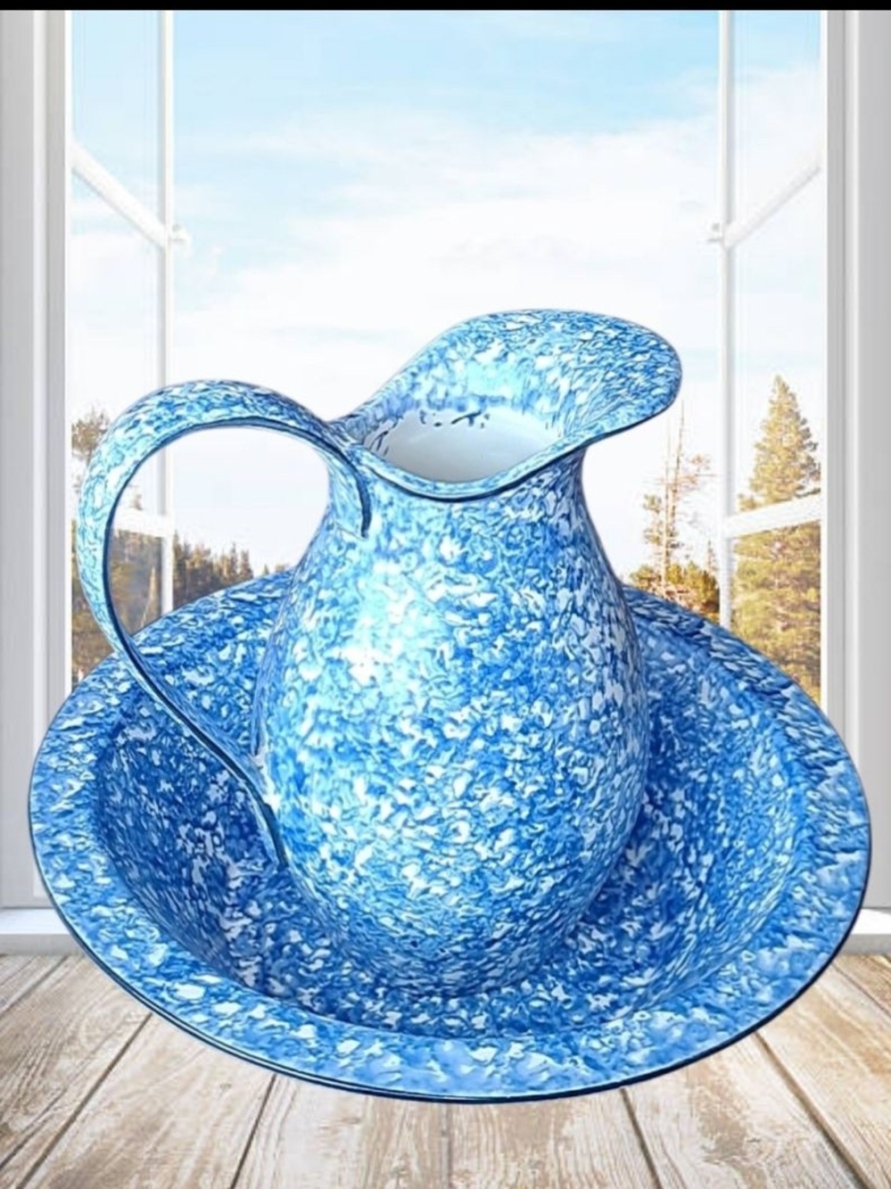 Stangl Blue and White Hand Stained Pitcher and Basin 2-pcs Set